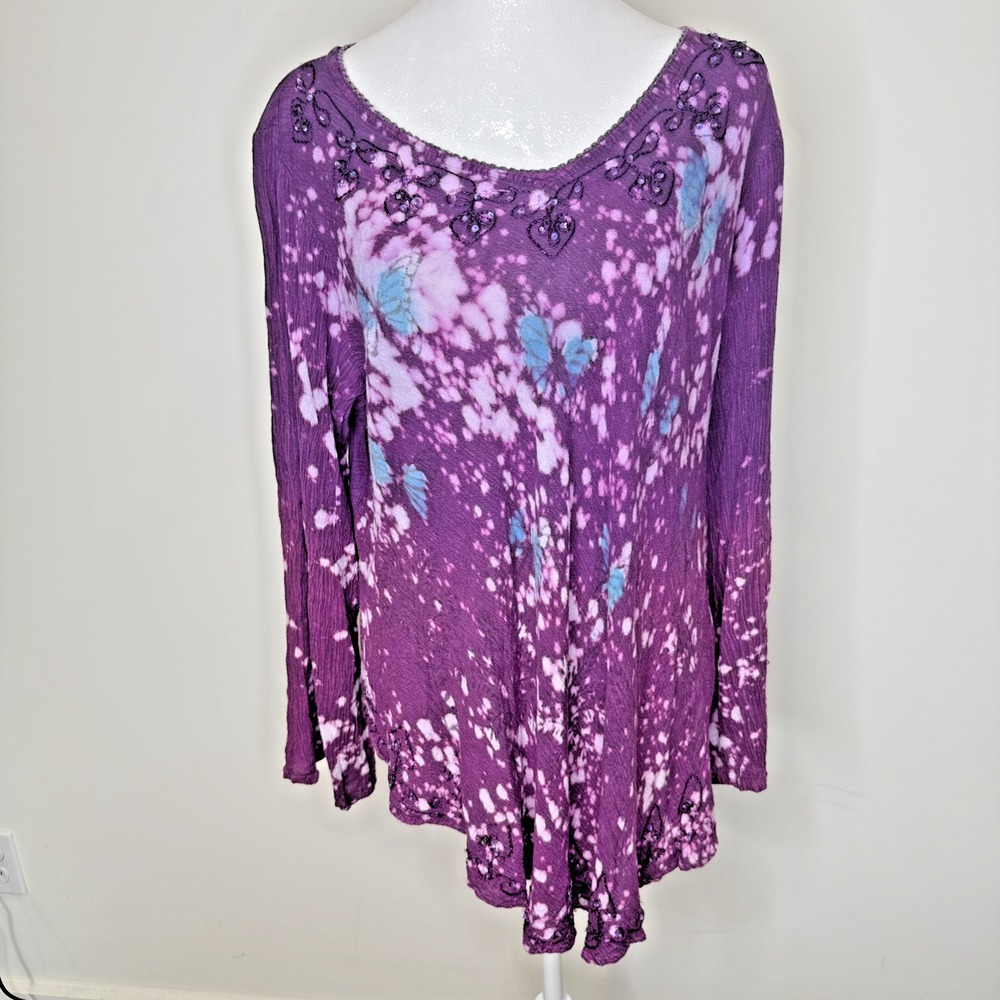 Greater Good Tie‎ Dye Bead Tunic Top Butterfly S/M Bohemian 90s Lagenlook Hippie